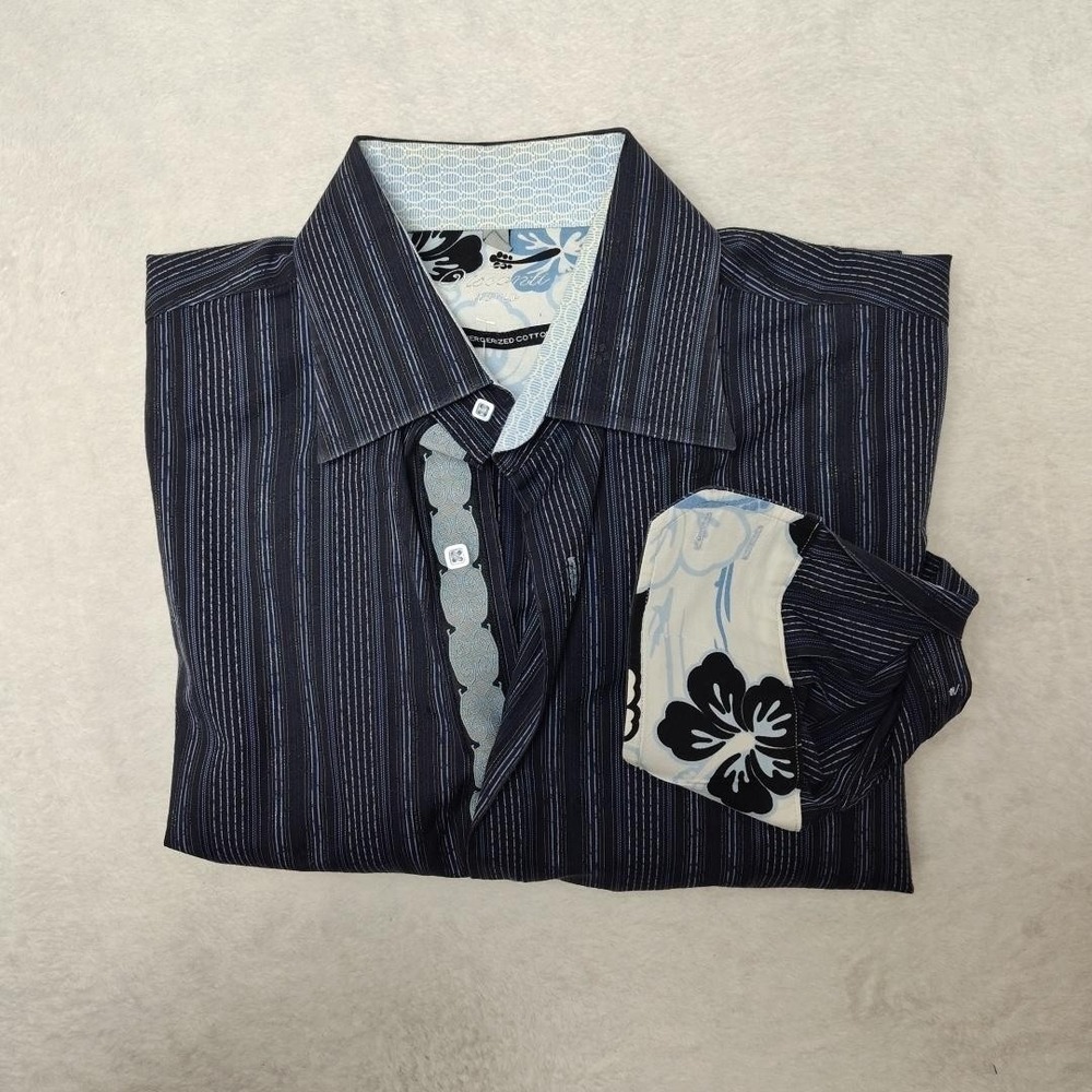 Visconti Uomo Shirt Mens M Blue Striped Long Sleeve Button Up Contrasting Trim
